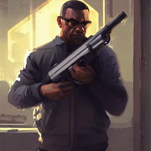 Image similar to franklin from gta v holding a huge machine gun by greg rutkowski