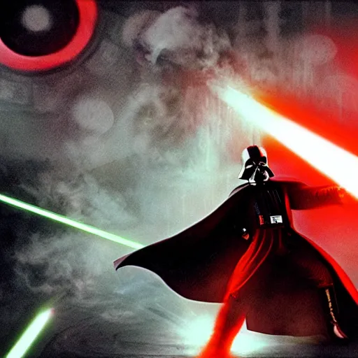 Prompt: Darth Vader with a red lightsabre, destroying his own ship