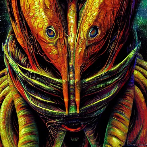 Image similar to a simple centered portrait of a predatory alien species. an award winning yoshitaka amano digital art poster color painting. a masterpiece by james gurney. poster colour on canvas.