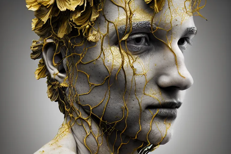 Image similar to a sculpture of a person with flowing golden tears, fractal plants and fractal flowers on the skin, a marble sculpture by nicola samori, behance, neo - expressionism, marble sculpture, apocalypse art, made of mist, octan render