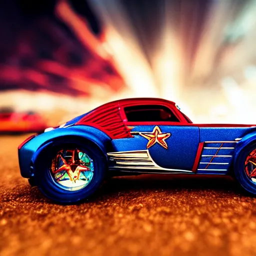 Image similar to 3 5 mm photo of metallic red and blue wonder woman car like hot wheels model with a sky as background, epic cinematic, epic lighting