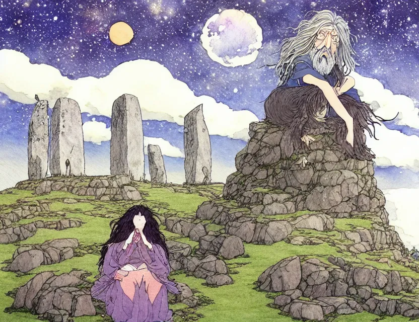 Prompt: a hyperrealist studio ghibli watercolor fantasy concept art of a giant long haired grey witch in lotus position sitting on top of stonehenge with a starry sky in the background. a ufo is in the sky. by rebecca guay, michael kaluta, charles vess