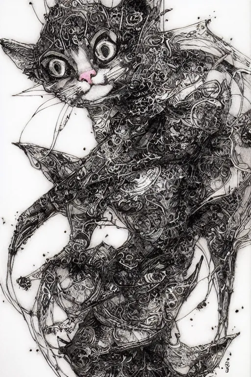 Prompt: Kitten vampire lord, pen and ink, intricate line drawings, by Yoshitaka Amano, Ruan Jia, Kentaro Miura, Artgerm, watercolor