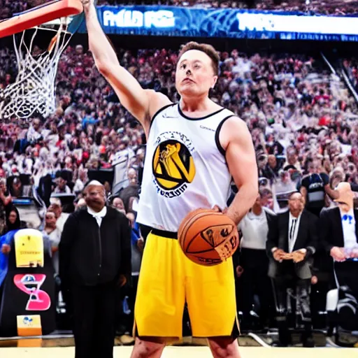 Prompt: elon musk slam dunks in the 2 0 1 9 nba slam dunking contest, full - body shot