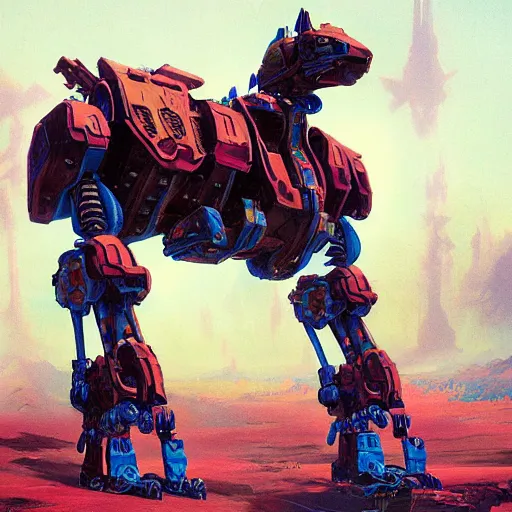 Prompt: Magnificent mecha-horse hybrid by Roger Dean, by Dean Ellis, by Anton Fadeev, magical realism, mecha, horse, oil on canvas, artstation, soft render, octane