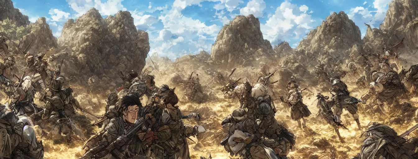 Image similar to calvary soldiers being bombarded by rocks and boulders on the battlefield. hyperrealistic anime background illustration by kim jung gi, extremely detailed faces, intricate linework, smooth, super sharp focus, bright colors, high contrast, matte, octopath traveler, studio ghibli, unreal engine 5 highly rendered, global illumination, radiant light