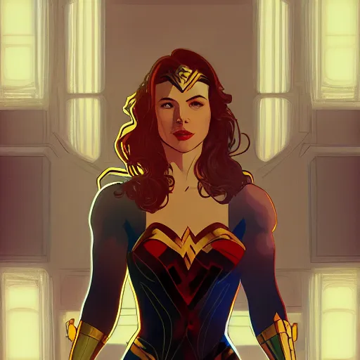 Image similar to Meg Ryan as Wonder Woman, ambient lighting, 4k, alphonse mucha, lois van baarle, ilya kuvshinov, rossdraws, artstation