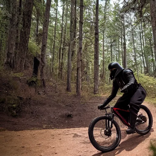 Image similar to darth vader ist riding a mountainbike fast through a burning forrest