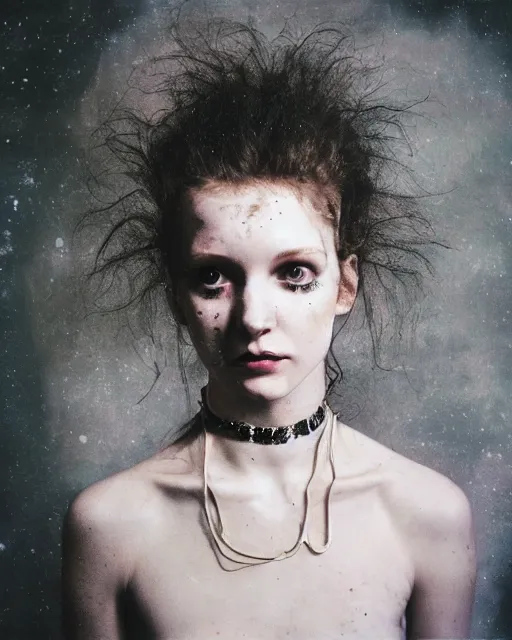 Image similar to an instant photo of a beautiful but creepy young woman in layers of fea, with haunted eyes and wild hair, wearing a vivienne westwood choker, 1 9 7 0 s, seventies, wallpaper, moorland, a little blood, moonlight showing injuries, delicate embellishments, painterly, offset printing technique, by mary jane ansell