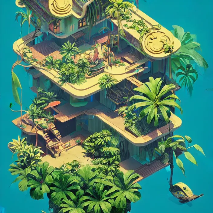 Image similar to a luminescent tropical cottage by paolo eleuteri serpieri and tomer hanuka and chesley bonestell and daniel merriam and tomokazu matsuyama, unreal engine, high resolution render, featured on artstation, octane, 8 k, highly intricate details, vivid colors, vector illustration