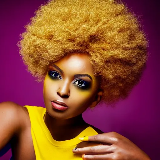 Image similar to a realistic model photoshoot of a black girl with yellow afro hair, beautiful, model, professional picture, realistic, 4 k, bright light, portrait