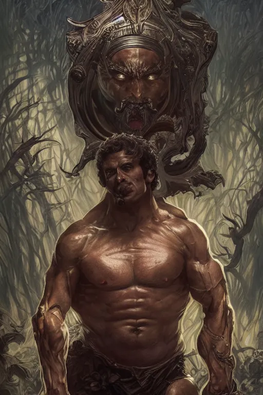 Image similar to portrait of emmanuel macron as a hulking herculean demon, forest, godlike, full body, fantasy, intricate, elegant, highly detailed, digital painting, artstation, concept art, sharp focus, illustration, art by artgerm and greg rutkowski and alphonse mucha