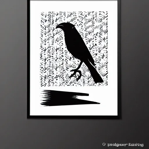 Prompt: crow, bold stylized block print, 4k, black ink on white paper