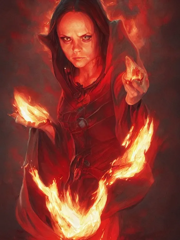 Image similar to Christina Ricci casting a fire spell, red lighting, D&D, fantasy, highly detailed, digital painting, trending on artstation, concept art, sharp focus, illustration, art by artgerm and greg rutkowski and magali villeneuve