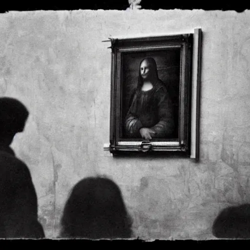 Image similar to old vintage photo from behind of leonardo da vinci painting his unfinished painting of monalisa