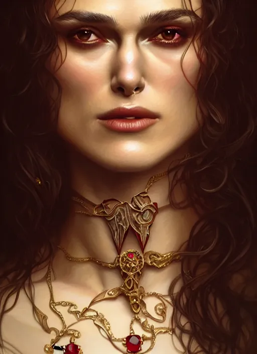 Image similar to portrait of keira knightley as a vampire lord, jewelry, greek, ruby, intricate, headshot, highly detailed, digital painting, artstation, concept art, sharp focus, cinematic lighting, illustration, art by artgerm and greg rutkowski, alphonse mucha, cgsociety