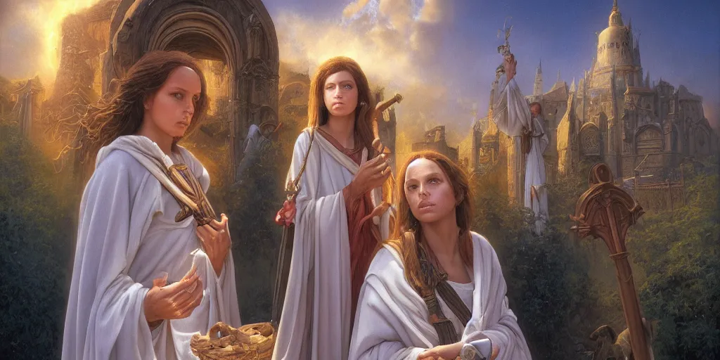 Prompt: holy pilgrimage of the blind pious beautiful young woman Michael Whelan by Jeff Easley photorealistic by Edmonia Lewis, cinematic, realistic faces, detailed, intricate dramatic lighting, establishing shot, 8k resolution