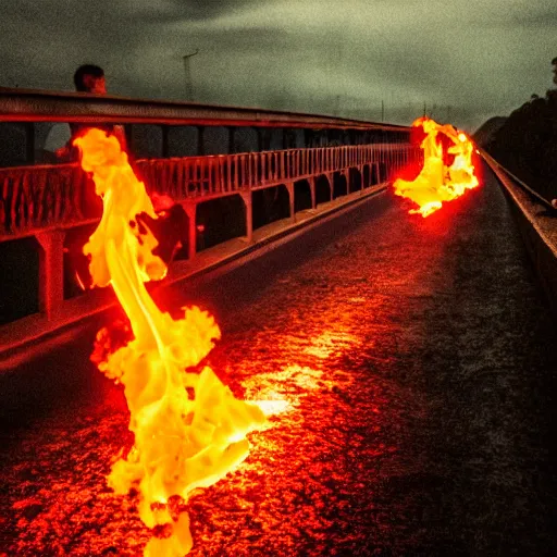 Image similar to Long bridge to hell, dslr, hyper realistic, photojournalism, scary, firey, disturbing