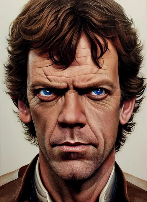 Image similar to portrait of hugh laurie as han solo in star wars, very detailed eyes, hyperrealistic, very detailed painting by glenn fabry, by joao ruas, by artgerm