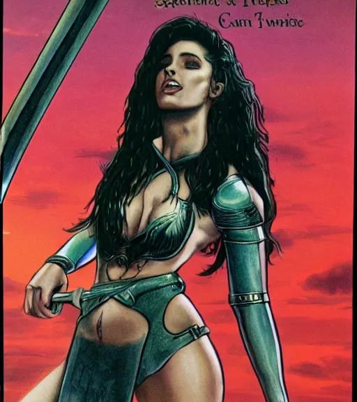 Prompt: 1 9 8 0 s fantasy novel book cover, amazonian ariana grande in extremely tight bikini armor wielding a cartoonishly large sword, exaggerated body features, dark and smoky background, low quality print