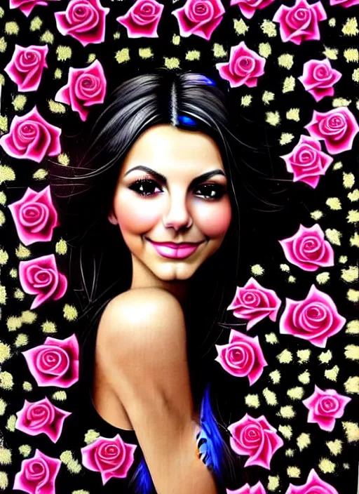 Prompt: amazingly complex portrait of Victoria Justice laying in a bed of black roses as a goddess staring curiously at you. soft detailed painting at 16K resolution and amazingly epic visuals. epically beautiful image. amazing effect, image looks gorgeously crisp as far as it's visual fidelity goes, absolutely outstanding. vivid clarity. ultra detail. iridescent. mind-breaking. mega-beautiful pencil shadowing. beautiful face. Ultra High Definition. soft shading. soft texture. intensely beautiful.