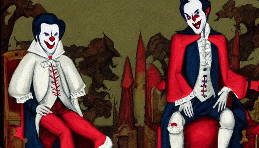 Image similar to a vampire sitting on a throne in his castle during the american revolution. he is surrounded by paintings and is wearing a bright clown emoji mask. character design by john and ai