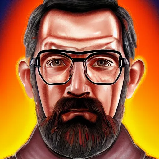 Image similar to portrait of gordon freeman from half life, highly detailed, centered, solid color background, digital painting