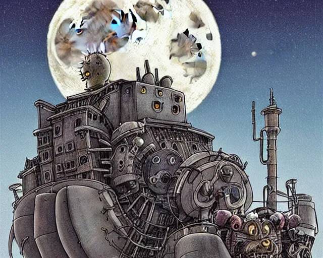 Image similar to a mechanical drawing of a grey lovecraftian mechanized wolf from howl's moving castle ( 2 0 0 4 ), with a big head, in a war - torn desert village, wide shot, in front of a big moon, muted colors, post grunge, studio ghibli, hq, art by artgem