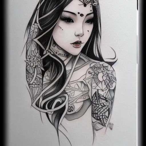 Image similar to tattoo design, stencil, beautiful young female, long dark hair, symmetrical facial features, Japanese, partially clothed in robe, by William-Adolphe Bouguerea and artgerm