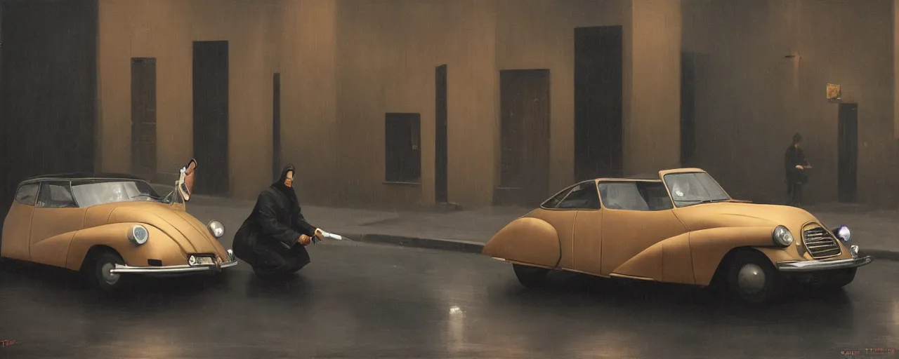 Image similar to A mysterious figure at a black 1955 Citroen DS 19 with the headlights on, smoking a cigarette, parked on the side of the road in the city of Rome while it is raining, by George Tooker, moody, sinister, lighting, hyperrealistic