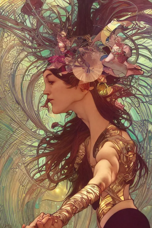 Image similar to swimming through time, by artgerm and yoshitaka amano and moebius and alphonse mucha, hyperdetailed, dc comics, ornate, nebula, explosions in the sky, trending on artstation