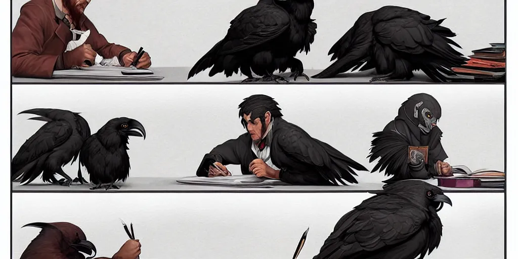 Image similar to a scholarly raven is seen writing at his desk. character sheet, character design, contrast, deep focus, turnaround, highly detailed, dramatic lighting, digital painting, artstation, concept art, matte, sharp focus, illustration, elegant, art by artgerm and greg f and alphonse mucha.