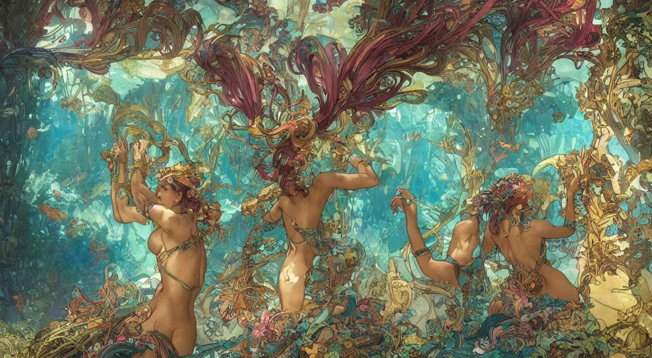 Image similar to Merfolk in the Lost City of Atlantis, very colourful, underwater, highly detailed, artstation, intricate, smooth, sharp focus, bright, happy, illustration, art by Artgerm and Greg Rutkowski and Alphonse Mucha and Yuumei, good clear quality, lighting, biology, symmetrical artwork, perfect face, 135 mm, cinematic, hyper realism, dark, moonlight, high detail, octane render, 8k, crimson highlights