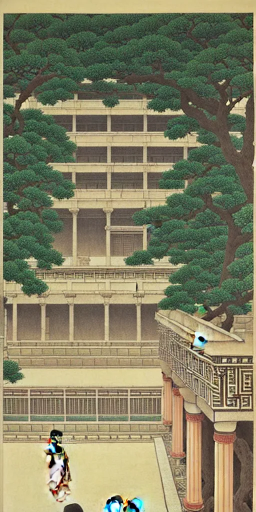 Prompt: a beautiful ancient greek bathhouse in the summer by hasui kawase