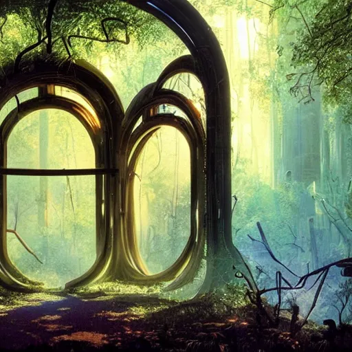 Image similar to derelict portal in a middle of a futuristic forest, world seen only through a portal, daylight, cinematic lighting, blue sky, syd mead, john harris