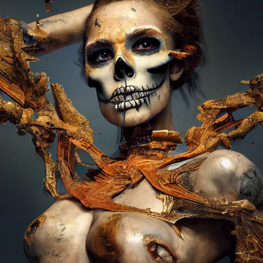 Image similar to full body pose, hyperrealistic mixed media painting of beautiful skull woman, dim volumetric lighting, 8 k, octane beautifully detailed render, extremely hyper detailed, intricate, epic composition, cinematic lighting, masterpiece, trending on artstation, very very detailed, masterpiece, stunning, hdr, smooth, sharp focus, high resolution, award, winning photo, dslr, 5 0 mm