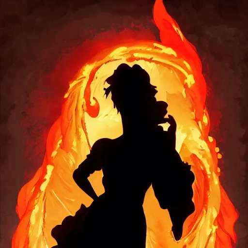 Prompt: a gargoyle in silhouette wearing a flowing gown made of fire, engulfed in a whirling fire tornado firestorm, emitting smoke and sparks, fantasy, cinematic, fine details by realistic shaded lighting poster by ilya kuvshinov katsuhiro otomo, magali villeneuve, artgerm, jeremy lipkin and michael garmash and rob rey