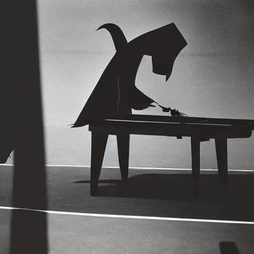 Prompt: portrait of nosferatu playing alone tennis table, sport photography