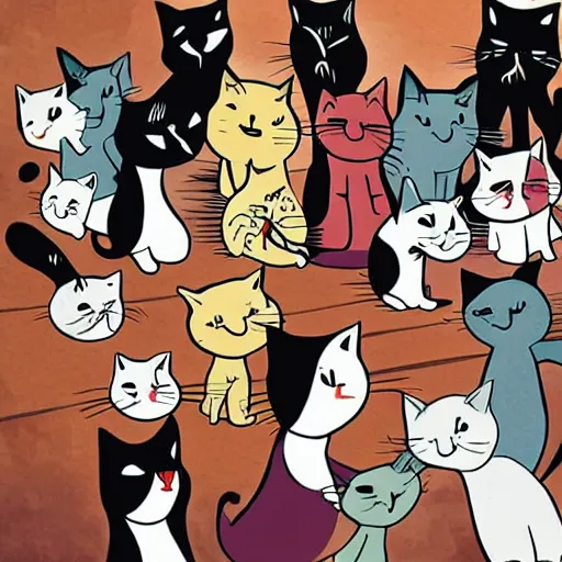 Image similar to a room full of cats singing in comic art style