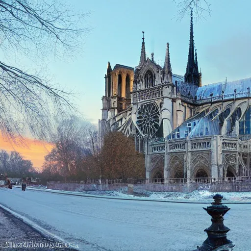 Prompt: crystal Notre Dame, at dawn, sunlit