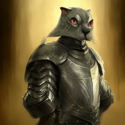 Prompt: handsome old grey catwearing medieval suit of armor, illustration, concept art, art by wlop, dark, moody, dramatic