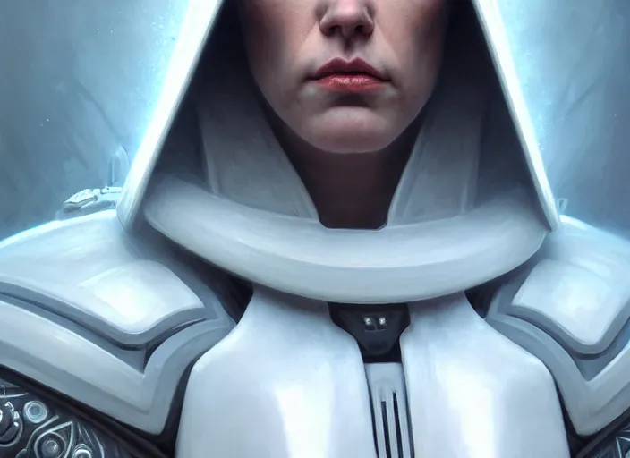 Image similar to portrait shot of a white darth vader in cyberpunk 2 0 7 7, intricate, elegant, highly detailed, centered, digital painting, artstation, concept art, smooth, sharp focus, illustration, artgerm, tomasz alen kopera, peter mohrbacher, donato giancola, joseph christian leyendecker, wlop, boris vallejo