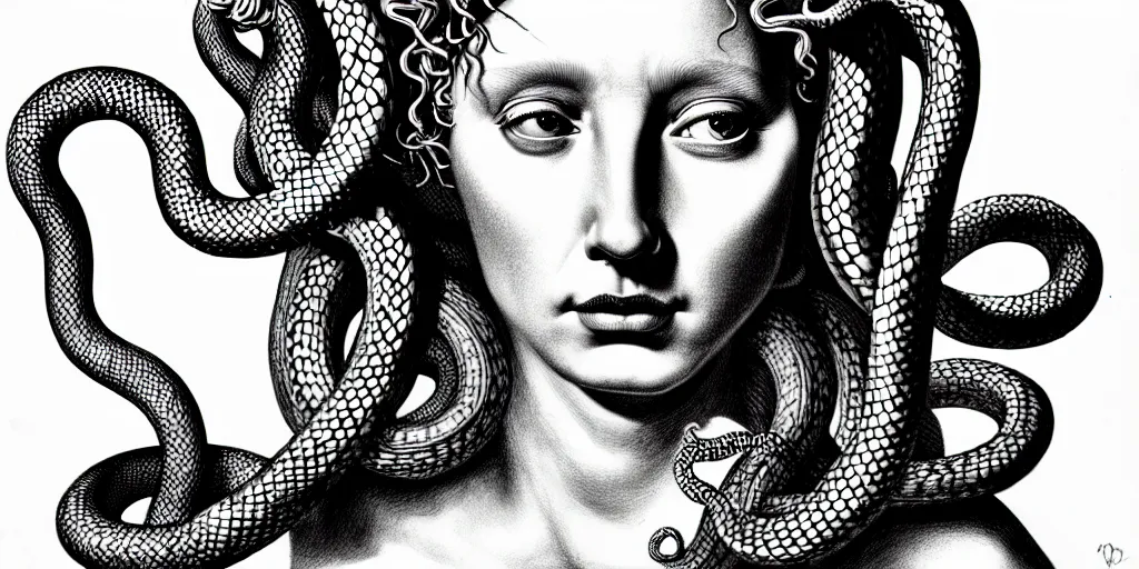 Prompt: realistic portrait of medusa with her snakes, golden, delicate, hyper realism, 1 4 5 0, ink, ultra realistic, 8 k