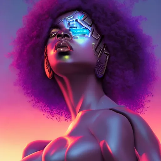 Image similar to cyberpunk black woman with afro hair, corcovado on the background, blue and purple digital art trending on artstation, atmospheric lighting, artgerm