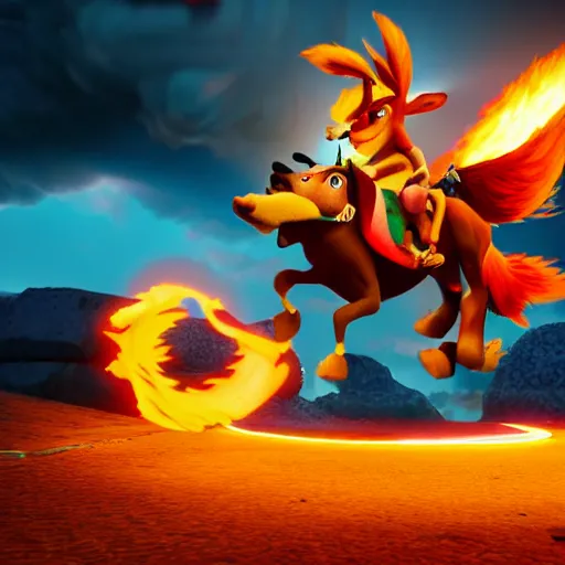 Prompt: crash bandicoot riding pegasus flying through a ring of fire, photo realistic, dramatic cinematic lighting, octane render, 4k, ultra detailed,