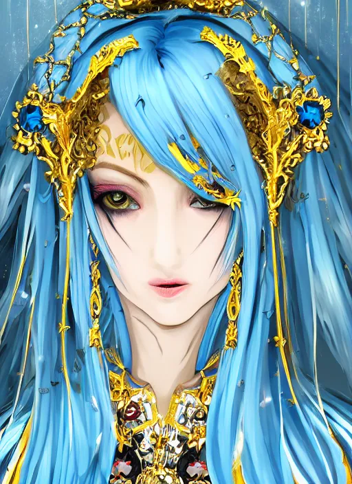 Prompt: baroque bedazzled gothic royalty frames surrounding a pixelsort rimuru tempest smiling, sky blue straight hair, bangs, with amber eyes, yellow golden eyes, wearing a black maximalist spiked jacket, high collar, ultra detailed, concept art, digital painting, pretty, cinematic, wlop artstationin wonderland, sharpened early computer graphics, remastered chromatic aberration