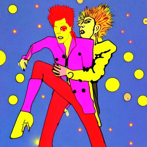 Prompt: david bowie giving a piggy back ride to ziggy stardust. glam rock. cosmic. patrick caulfield