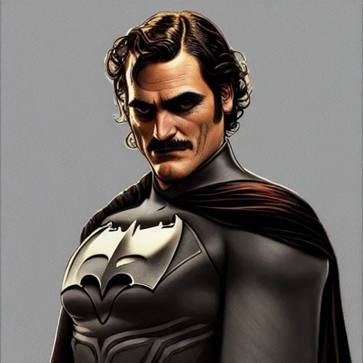 Image similar to handsome Joaquin Phoenix as batman, western, closeup, D&D, fantasy, intricate, elegant, highly detailed, digital painting, artstation, concept art, matte, sharp focus, illustration, art by Artgerm and Greg Rutkowski and Alphonse Mucha