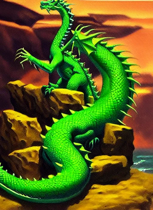 Image similar to “oil painting of green dragon with pointed tail sitting on a rocky outcropping in the style of Darrell K. Sweet”