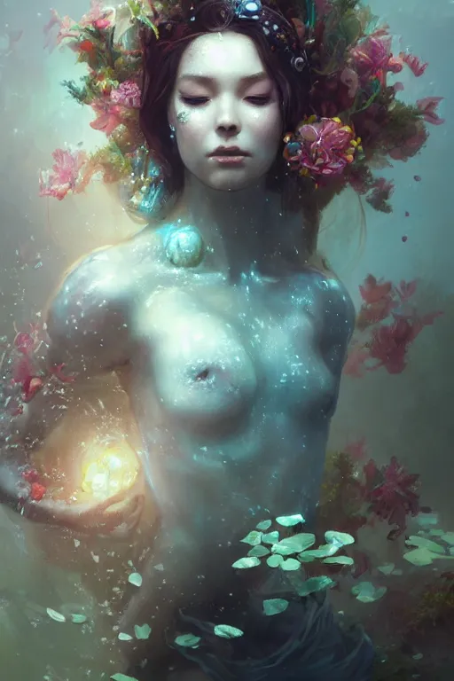 Image similar to face closeup a young beautiful girl drowned in water, underwater photography, 3 d render, hyper realistic detailed portrait, holding magic flowers, ruan jia, wlop. scifi, fantasy, hyper detailed, octane render, concept art, by peter mohrbacher, by wlop, by ruan jia